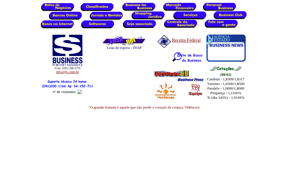 Página com botões azuis e amarelos (Bolsa de Negócios, Classificados, Bancos Online), o logotipo Business Internet Solutions e uma tabela de cotações
