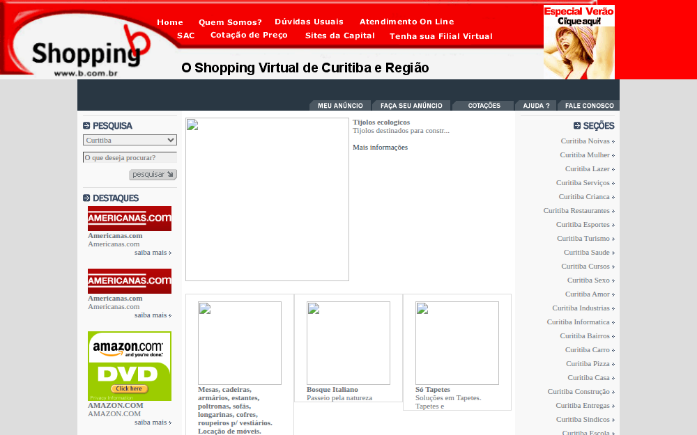 Topo vermelho com o logotipo Shopping b e a frase O Shopping Virtual de Curitiba e Região, com lista de seções à direita