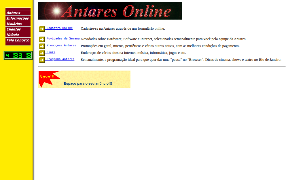 Página com menu vermelho sobre fundo amarelo, o título Antares Online e itens como Cadastro Online, Novidades da Semana e Promoções Antares