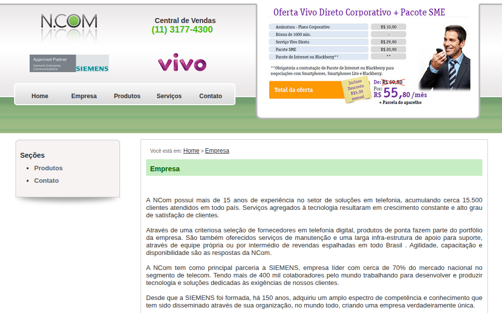 Página Empresa da NCom com logotipos da Siemens e da Vivo, uma oferta Vivo Direto Corporativo e o texto sobre os 15 anos de experiência