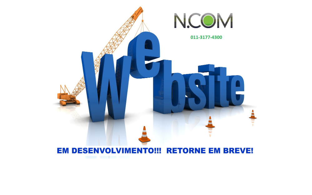 Ilustração de um guindaste montando a palavra Website em letras azuis, com o logotipo N.COM e o texto Em desenvolvimento, retorne em breve