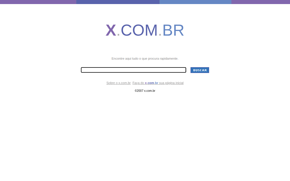 Página branca com o logotipo X.COM.BR, a frase Encontre aqui tudo o que procura rapidamente e uma caixa de busca